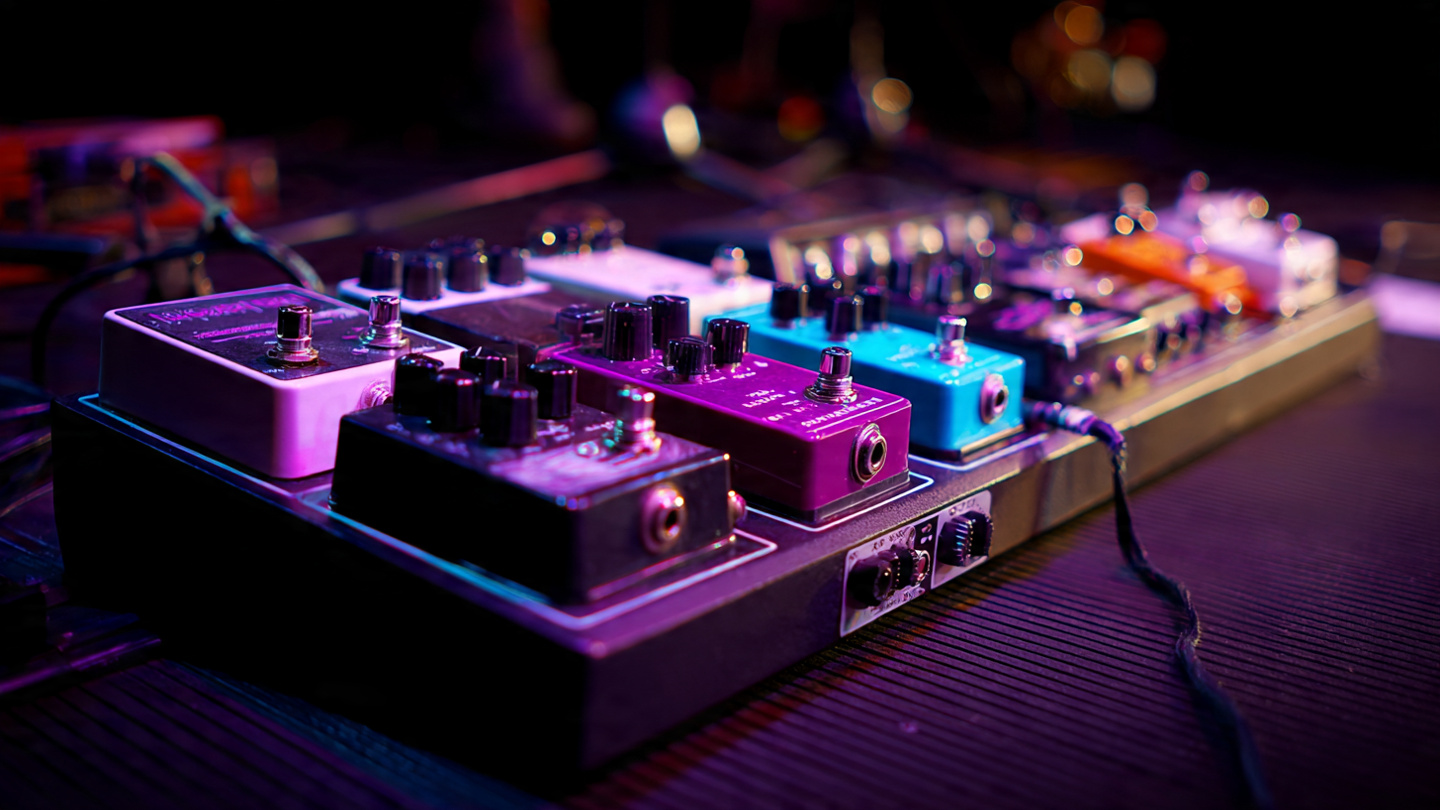 Pedalboard de guitarra con múltiples efectos y fuente de alimentación visible